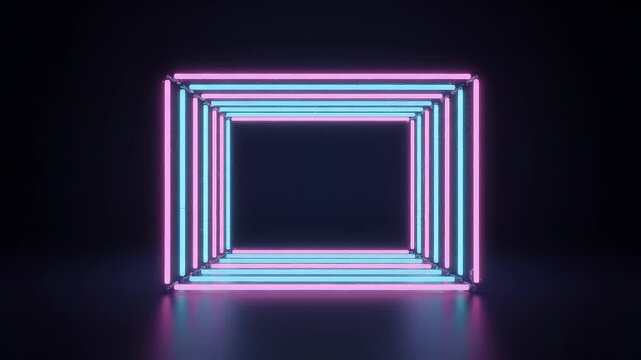 Abstract glowing geometric squares in vibrant pink and blue neon lights, creating an immersive digital tunnel effect with a futuristic aesthetic