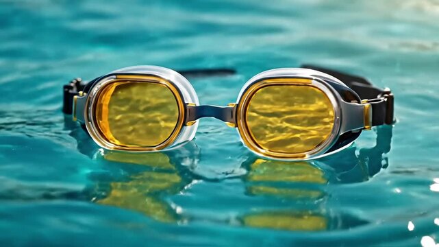 Swimming goggles floating on the surface of clear blue water.