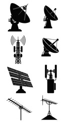 Fototapeta premium Satellite Dishes, Cell Tower, Solar Panel, Antennas: Communication Technology Icons