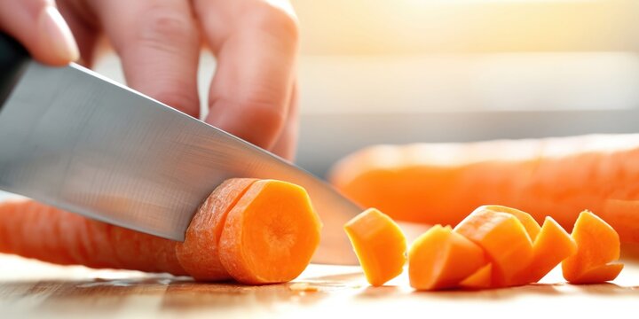 Close-up of bright orange carrots being sliced into pieces with a sharp knife