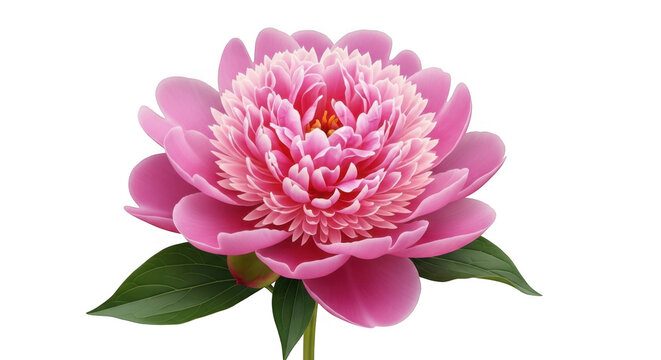Pink peony flower close-up with green leaves