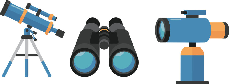 Vector set of astronomical telescope on tripod, professional binoculars, and monocular lens for space observation and outdoor exploration