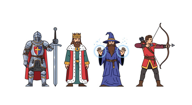 Fantasy Characters Collection Medieval Warrior Royal King Mage Archer Isolated On White Background