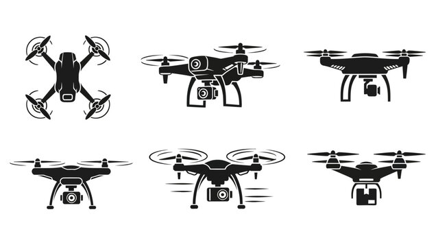 Drone Icons Set: Quadcopter, Camera Drone, Aerial Vehicle Silhouettes