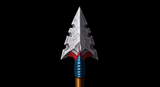 Ancient weapon arrowhead made of stone with carved details against a dark backdrop