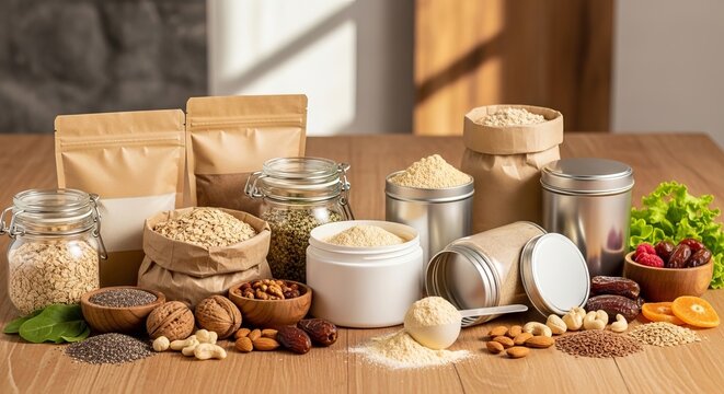 Variety of plant based protein powders and supplements in sustainable packaging with nuts seeds dates and oats arranged on wooden kitchen counter for wellness.