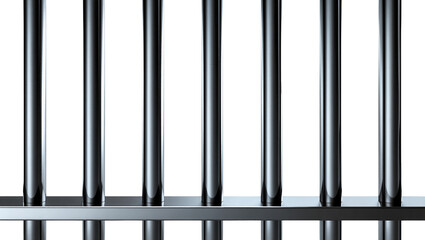 Polished metal prison bars with horizontal support, isolated on transparent background