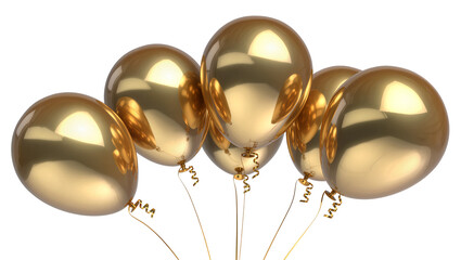 Group of shiny golden balloons with curly ribbons, isolated on transparent background © Veaceslav