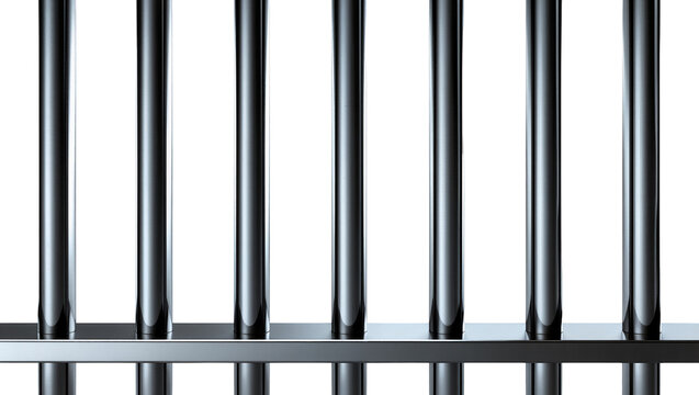 Polished metal prison bars with horizontal support, isolated on transparent background