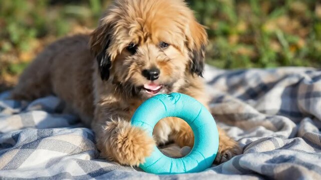 A cute puppy lies on a blanket outdoors, chewing on a blue ring toy.