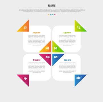 Square base shape infographics gradient template diagram with sharp arrow centralized direction on matrix quadrant structure with 4 point step creative