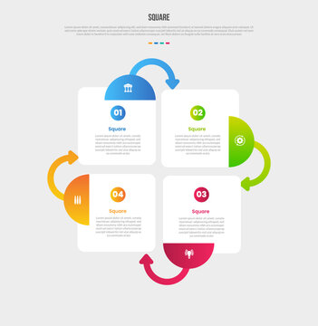 Square base shape infographics gradient template diagram with half circle with round arrow on circular cycle with 4 point step creative
