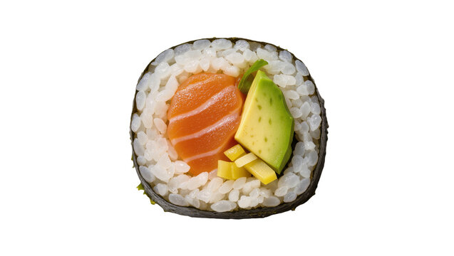 Fresh salmon and avocado sushi roll with rice and nori, isolated on transparent background