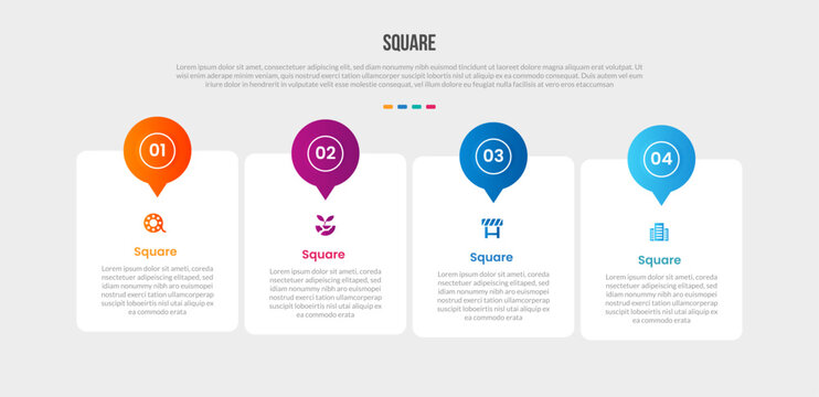 Square base shape infographics gradient template diagram with speech bubble discussion box on top with round box container with 4 point step creative