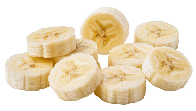 Pile of fresh banana slices, isolated on transparent background