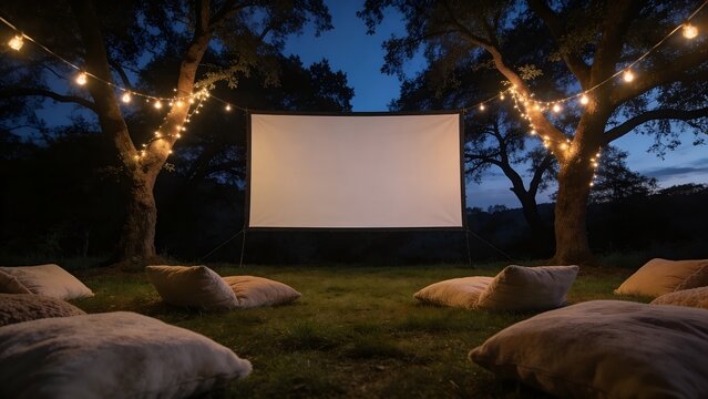 Large white blank outdoor movie screen set up in a backyard with cozy pillows for an evening cinema experience tonight