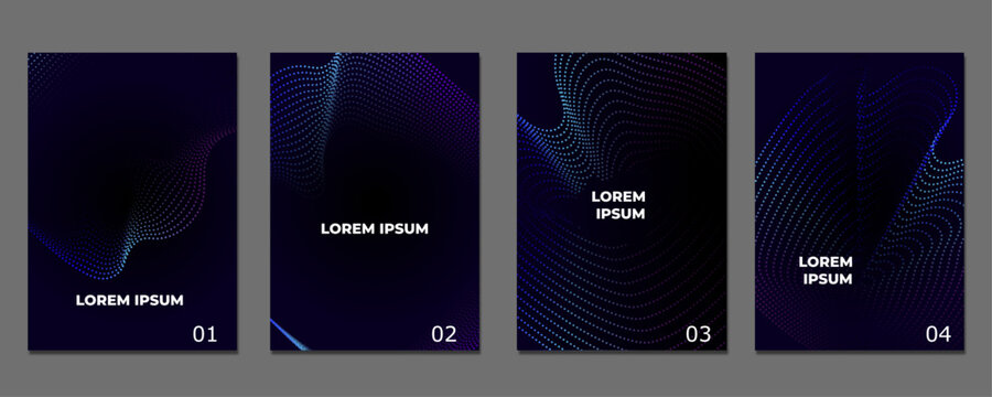 Mordern dark blue halftone wave posters set with flowing particle lines and futuristic digital motion background