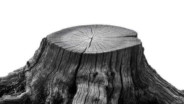 Weathered grey wood tree stump with visible growth rings, isolated on transparent background