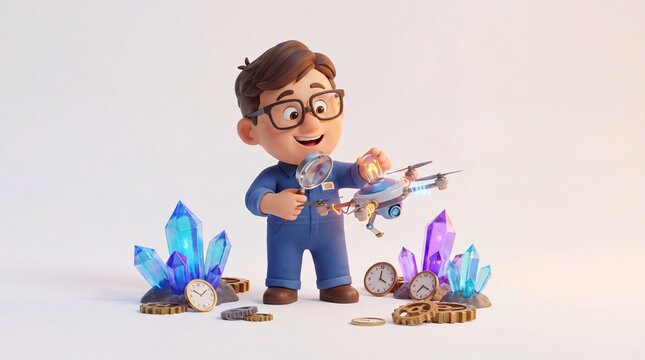 Cute 3D Worker Assembling Drone with Crystals and Clock Parts