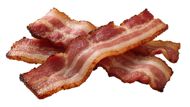 Crispy fried bacon strips with fat and lean meat, isolated on transparent background