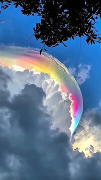 close up low angle of spectacular iridescent pileus cloud with vivid rainbow colors