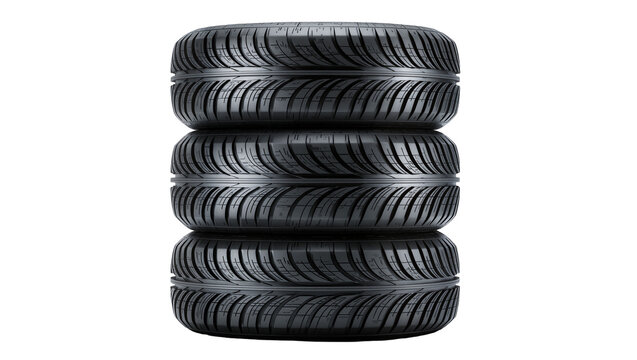 Stack of four black rubber car tires, isolated on transparent background