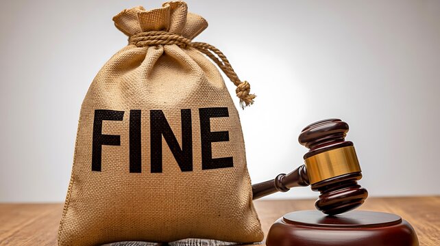 Money bag with fine text and judge gavel representing financial penalty legal punishment and law enforcement concept