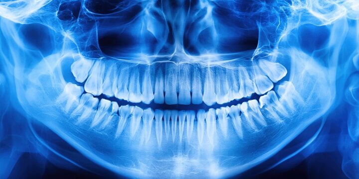 Panoramic dental x-ray showing a full set of healthy teeth and jawbone structure