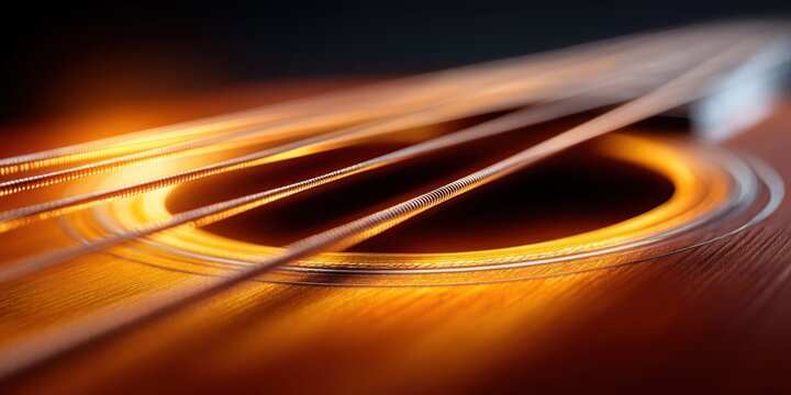 Close-up macro shot of acoustic guitar strings and soundhole with warm lighting