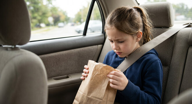 Motion sickness in child passenger sitting in back seat of car, feeling nauseous and holding paper bag

