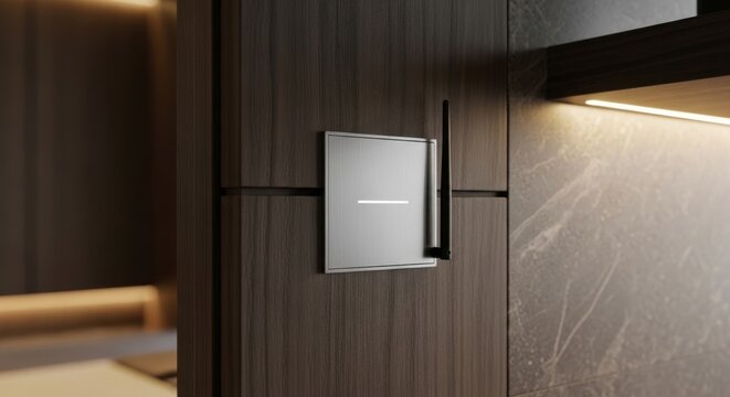 Sleek silver proximity sensor module with concealed antenna integrated into a modern wooden surface, showcasing advanced technology.
