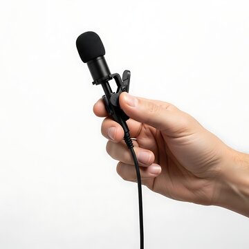 Hand holding a small lavalier microphone isolated on white background
