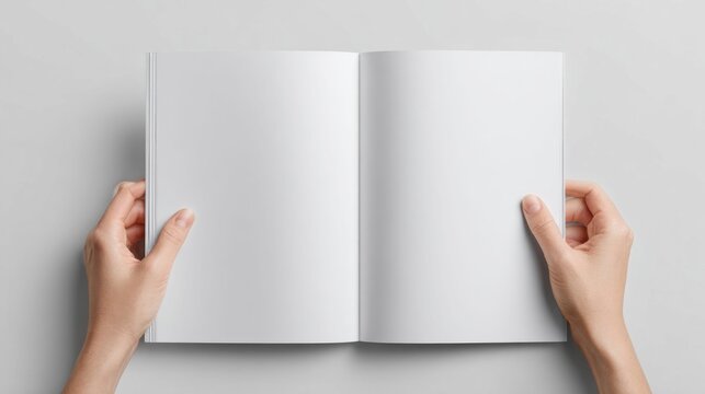 Hands holding open a blank white magazine or book for mockup purposes