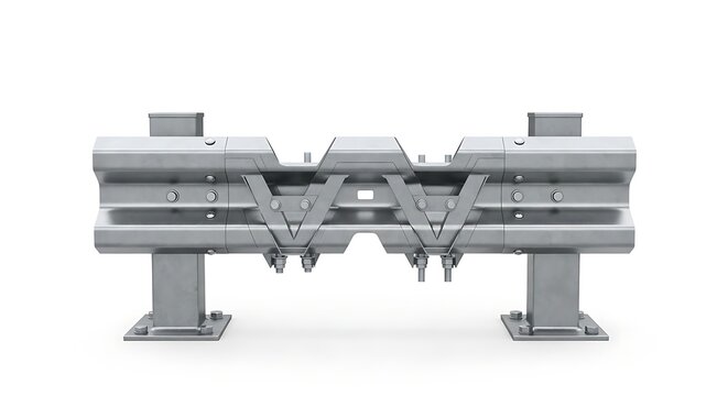 Metal highway guardrail section isolated on white background
