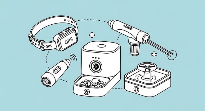 Smart pet devices including GPS tracker, camera, and automated feeder illustration