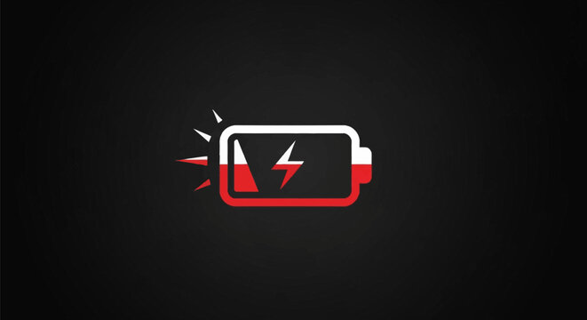 Low battery warning icon with red status level and a lightning bolt symbol in the center, featuring radiating white and red flash alert lines on a dark black background.