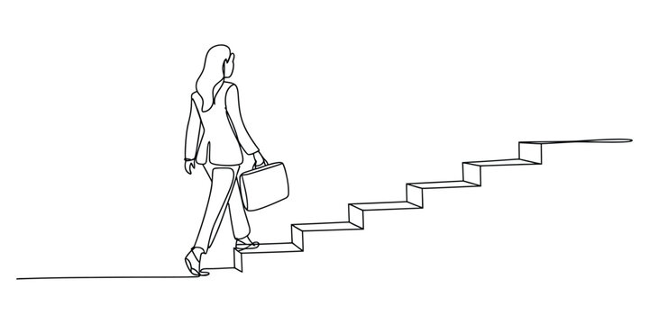 Business woman walking up the stairs in a continuous single line drawing