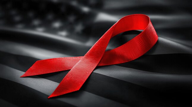 Red ribbon symbolizing awareness and support against HIV/AIDS on a dark background