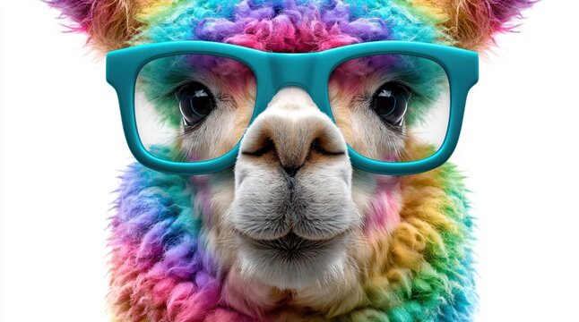 Close up portrait of a fluffy rainbow llama wearing teal glasses on a white background