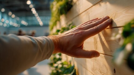 Naklejka premium Man's hand gently touching a warm wooden wall with green plants in the background
