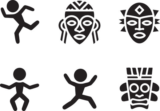 Minimalist graphic icon set featuring tribal human silhouettes and traditional cultural masks for creative design projects