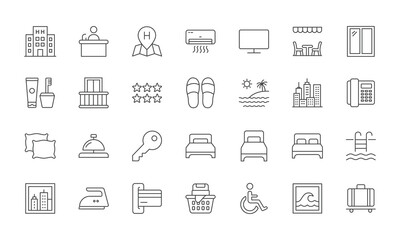 Fototapeta premium A collection of simple black and white outline icons representing various hotel amenities and services, presented on a clean white background. The icons include depictions of buildings, people, beds