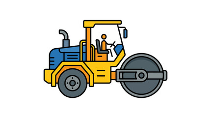 Naklejka premium Stylized heavy construction road roller concept with operator, a vibrant flat design illustration of industrial machinery for road building and engineering projects