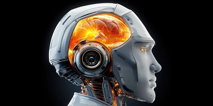 Futuristic robot head with glowing human brain inside, symbolizing AI and consciousness