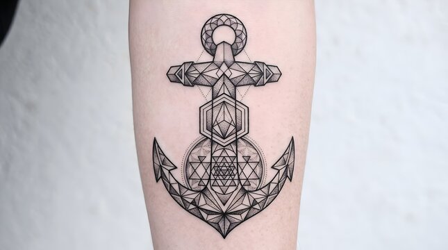 Geometric Anchor Tattoo on Human Skin Featuring Intricate Dotwork and Symmetrical Sacred Geometry Shapes
