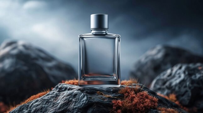 Elegant clear glass perfume bottle with silver cap on rocky terrain