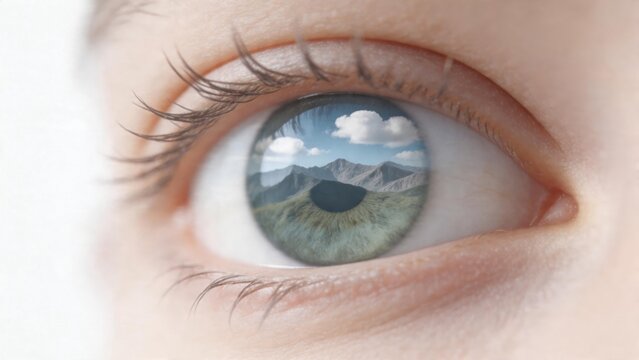 Human eye with mountain landscape reflection