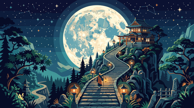 Moonlit journey to ancient temple Lone figure ascends winding mountain path under colossal full moon, twinkling stars, evoking spiritual serenity