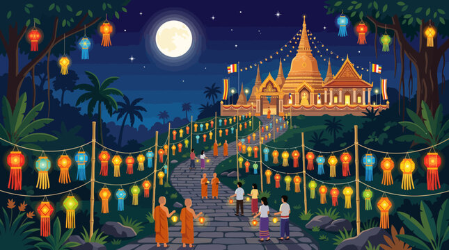 A serene temple illuminated by colorful lanterns under a full moon, with people and monks celebrating a festival