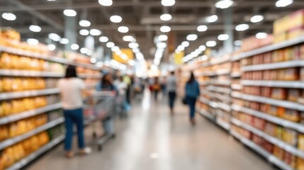 Obraz premium Blurred View of a Busy Supermarket Aisle with Shoppers and Product Shelves Creating a Lively Atmosphere Inside a Retail Space